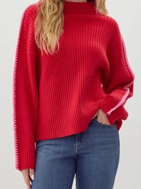 JODIFL Red Ribbed Cowl-Neck Sweater with Pink Trim